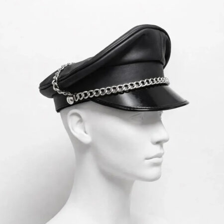 Leather Muir Cap – Biker Officer Hat with Chain