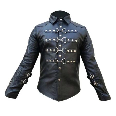 Men's Black Leather Shirt with Buckles & Studs