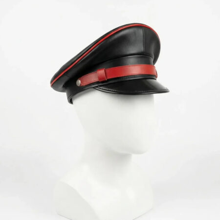 Black Leather Biker Muir Cap with Red Stripe