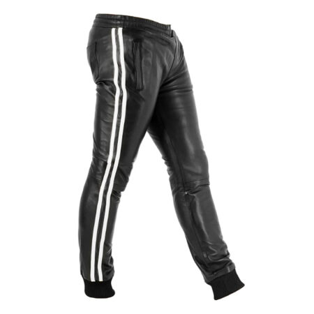 Black Leather Trousers with Classic White Side Stripes