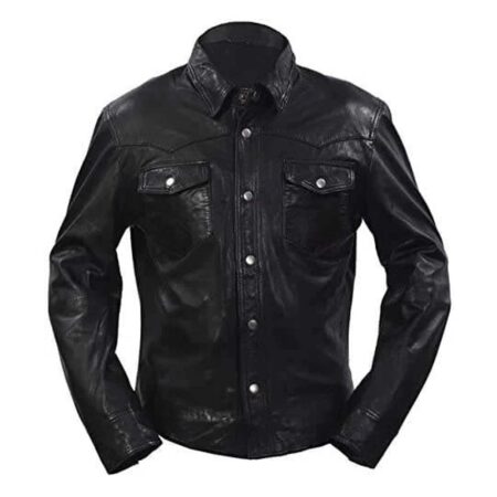 Men's Denim Style Black Leather Shirt