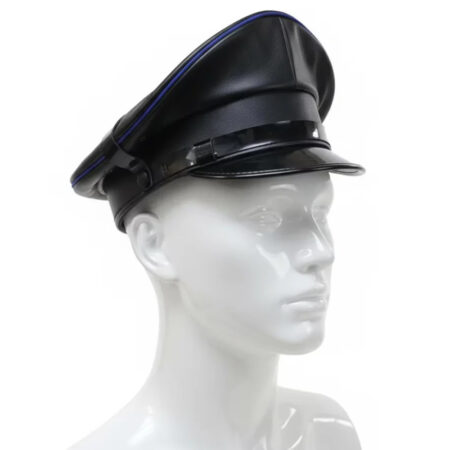 Black Leather Biker Cap with Blue Piping