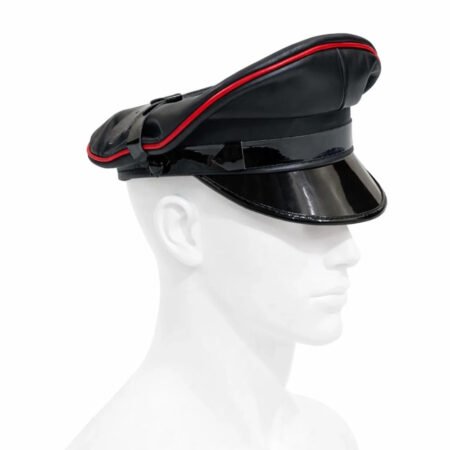 Black Sheepskin Leather Peaked Cap with Red Piping