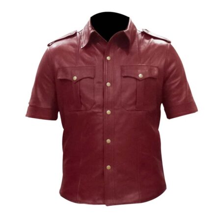 Men's Police Uniform Maroon Leather Shirt