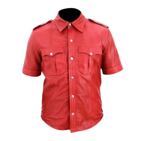 Men's Red Leather Short Sleeve Shirt