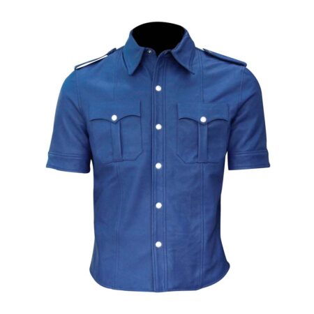Men's Police Uniform Blue Leather Shirt